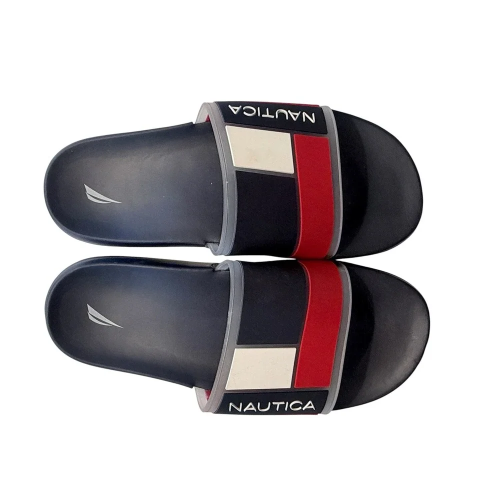 Nautica Mens Slide Sandals Navy Blue Red White Colorblock Comfort Slides Size 10